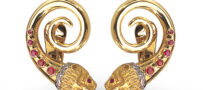 LALAoUNIS 18K Gold Lion Head Earrings with Faceted Rubies and Diamonds
