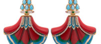Silvia Furmanovich 18K Gold Hand Crafted Marquetry Sculptural Silk Road Turquoise, Ruby, Tsavorite and Diamond Earrings